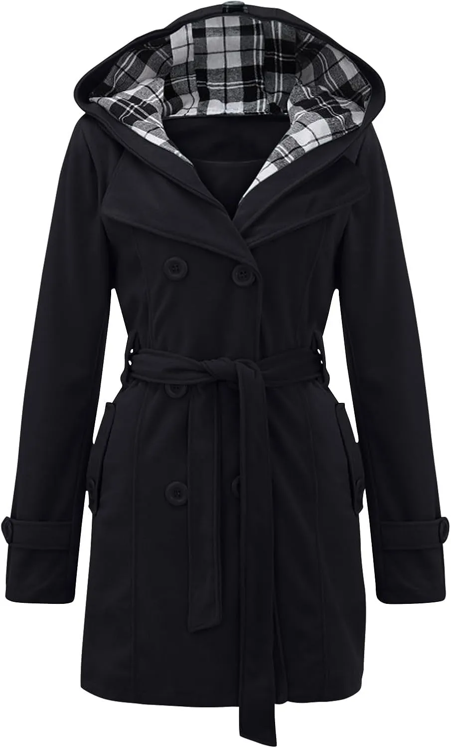 Women's Winter Jackets Double Breasted Trench Coat Windproof Classic Hooded Belted Overcoat With Pockets