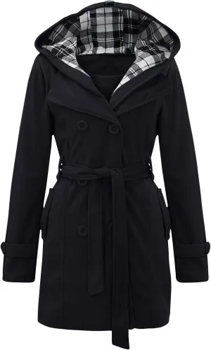 Women's Winter Jackets Double Breasted Trench Coat Windproof Classic Hooded Belted Overcoat With Pockets
