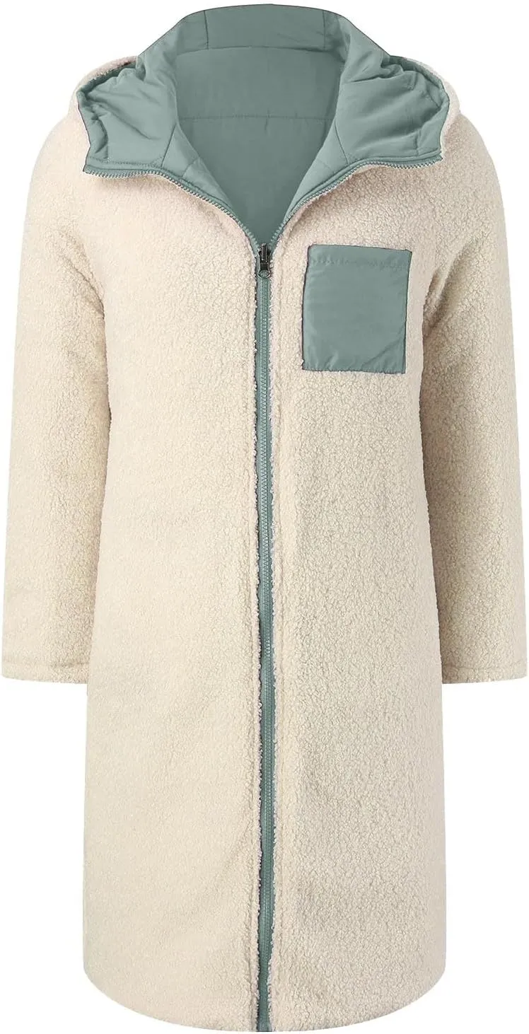 Womens Winter Long Coats Fleece Lined Warm Puffer Jackt Fashion Reversible Teddy Down Coat 2024 Outdoor Hooded Outwear