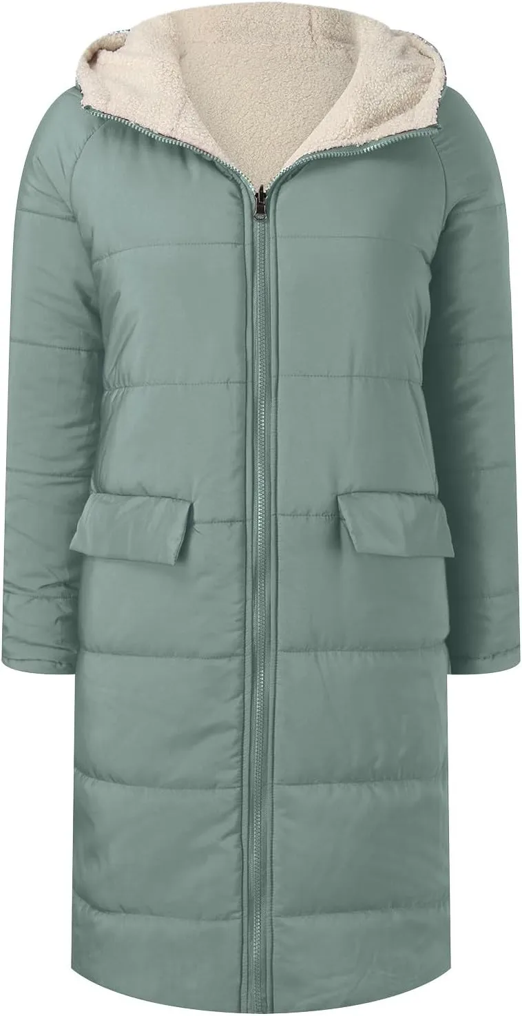 Womens Winter Long Coats Fleece Lined Warm Puffer Jackt Fashion Reversible Teddy Down Coat 2024 Outdoor Hooded Outwear