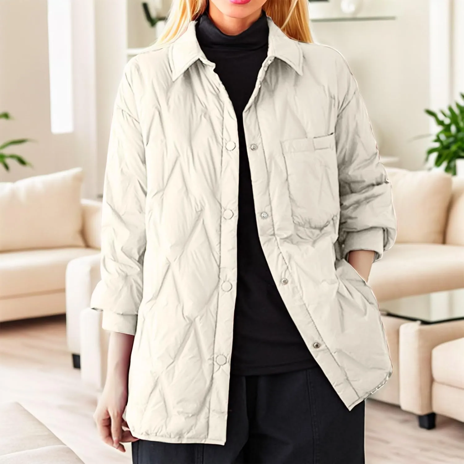 Women's Winter Quilted Jackets Casual Lightweight Puffer Jacket Button Casual Outerwear Down Winter Coat with Pockets