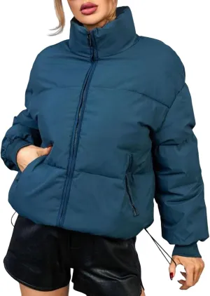 Womens Winter Quilted Jackets Long Sleeve Full Zip Puffer Jacket Short Quilted Warm Puffer Down Coat with Pocket 2024