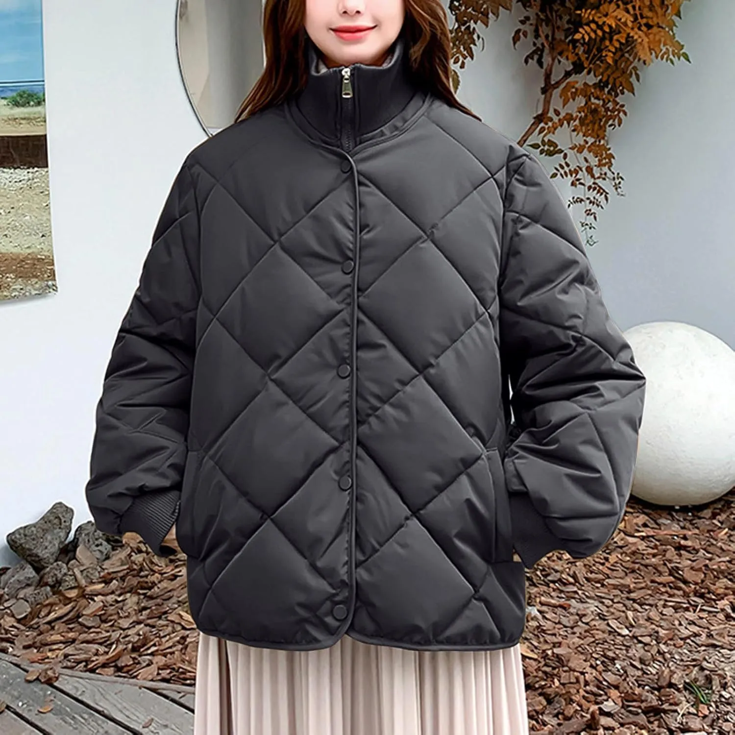 Womens Winter Warm Down Coats Standing Collar Long Sleeve Padded Jackets Casual Loose Fit Oversized Puffer Jackets