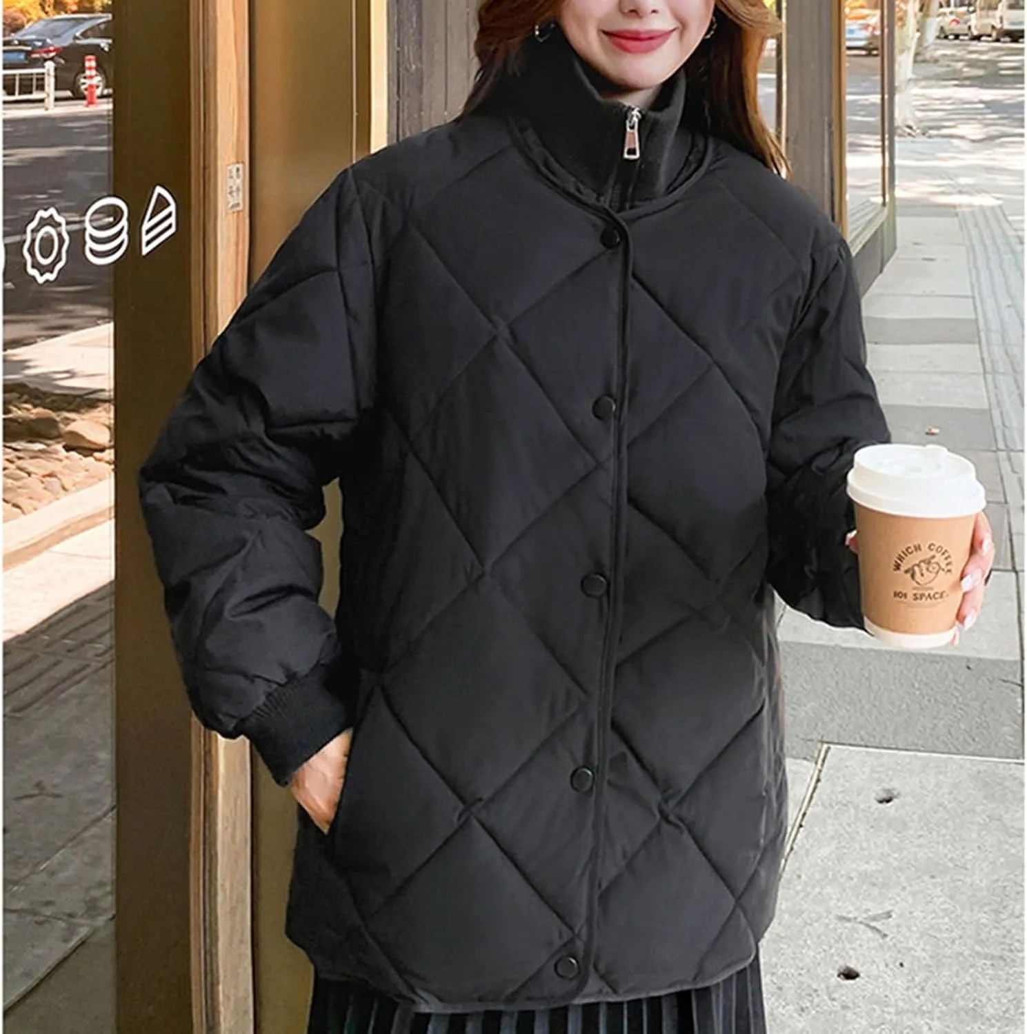 Womens Winter Warm Down Coats Standing Collar Long Sleeve Padded Jackets Casual Loose Fit Oversized Puffer Jackets