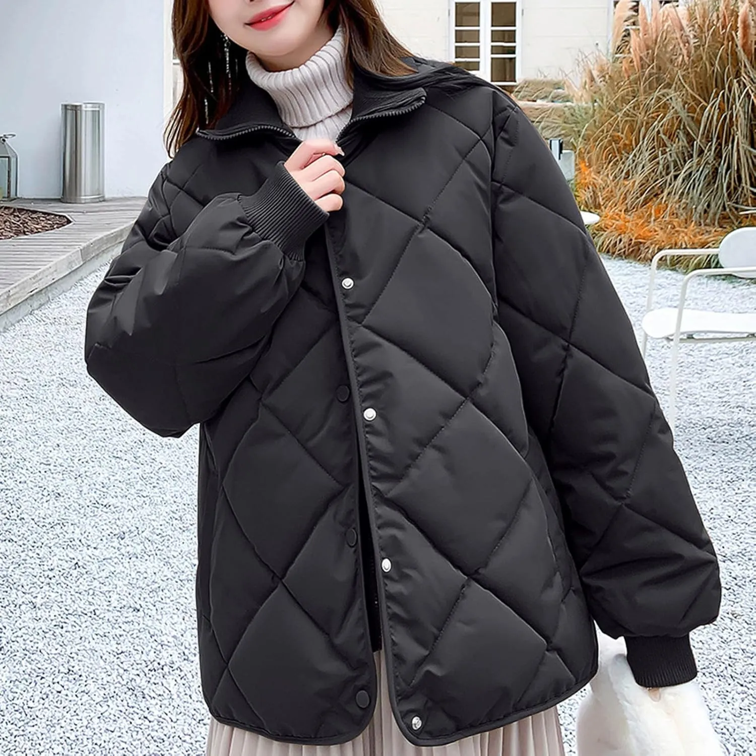 Womens Winter Warm Down Coats Standing Collar Long Sleeve Padded Jackets Casual Loose Fit Oversized Puffer Jackets