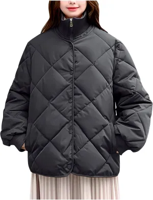 Womens Winter Warm Down Coats Standing Collar Long Sleeve Padded Jackets Casual Loose Fit Oversized Puffer Jackets