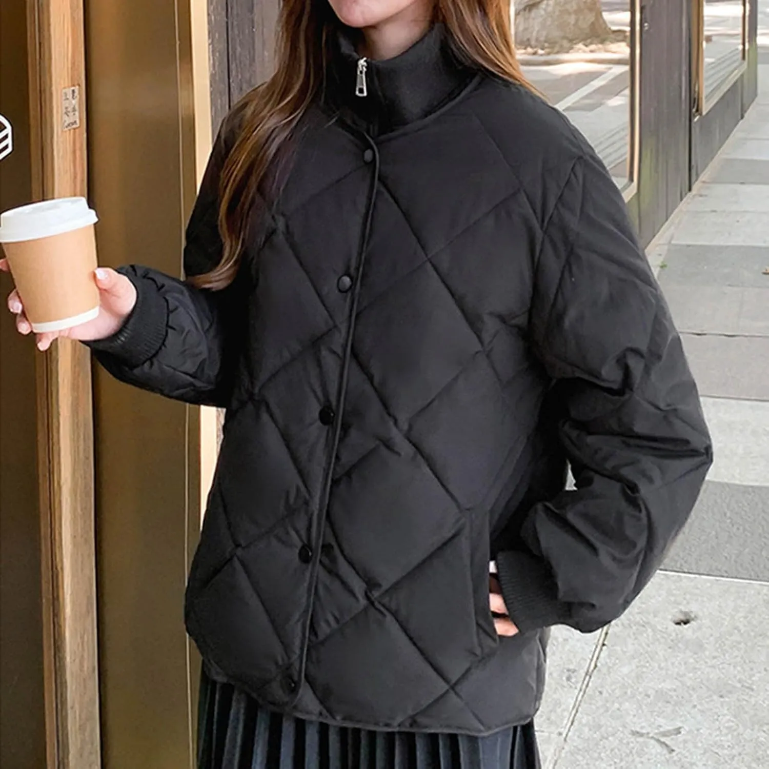 Womens Winter Warm Down Coats Standing Collar Long Sleeve Padded Jackets Casual Loose Fit Oversized Puffer Jackets
