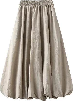 Women's Y2k Bubble Midi Skirt Elastic High Waist A Line Long Skirts Summer Casual Pleated Lantern Skirt with Pockets