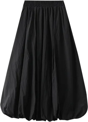 Women's Y2k Bubble Midi Skirt Elastic High Waist A Line Long Skirts Summer Casual Pleated Lantern Skirt with Pockets