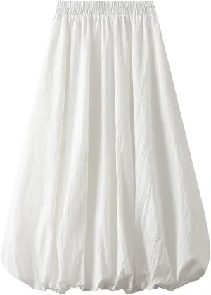 Women's Y2k Bubble Midi Skirt Elastic High Waist A Line Long Skirts Summer Casual Pleated Lantern Skirt with Pockets