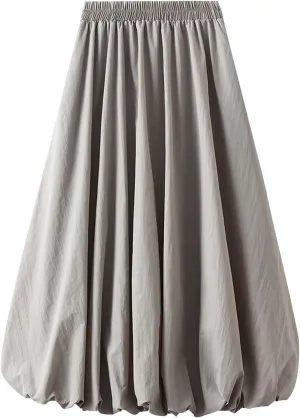 Women's Y2k Bubble Midi Skirt Elastic High Waist A Line Long Skirts Summer Casual Pleated Lantern Skirt with Pockets