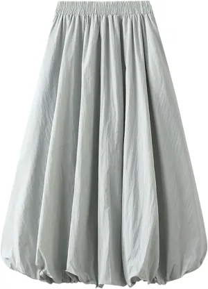 Women's Y2k Bubble Midi Skirt Elastic High Waist A Line Long Skirts Summer Casual Pleated Lantern Skirt with Pockets