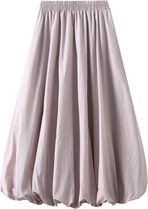 Women's Y2k Bubble Midi Skirt Elastic High Waist A Line Long Skirts Summer Casual Pleated Lantern Skirt with Pockets