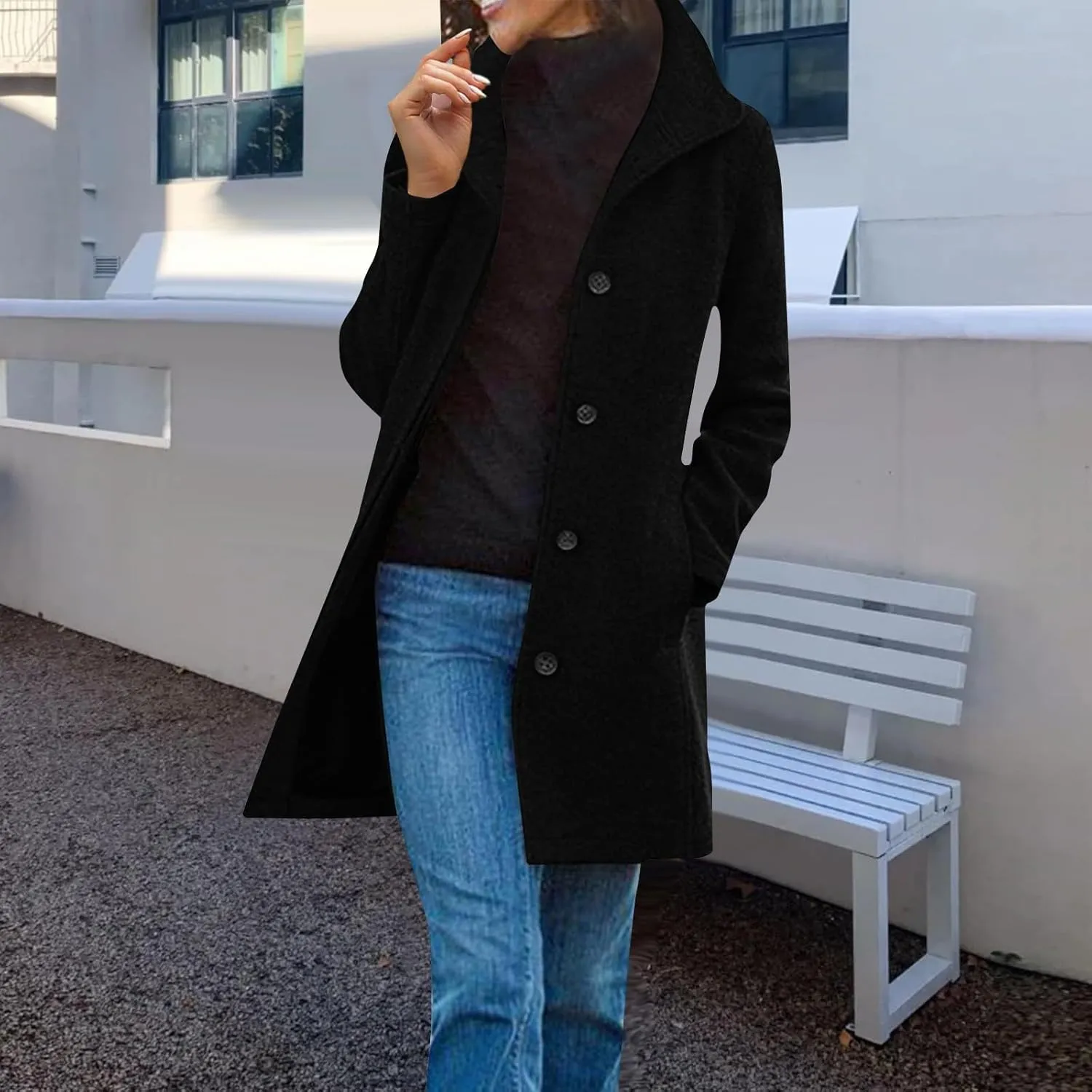 Wool Coats for Women Casual Wool Trench Double Pea Coats Stand Collar Fleece Lined Jacket Outerwear