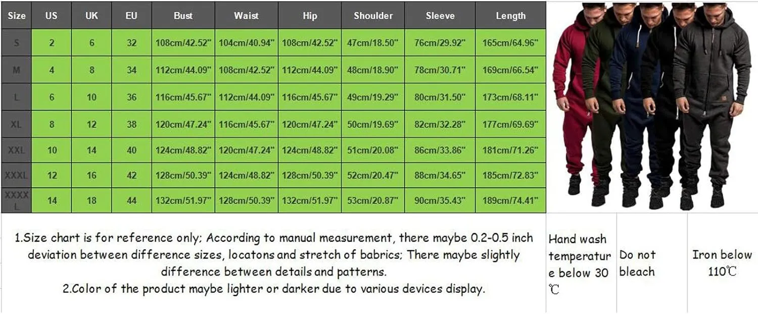 WUAI Onesie Men's Hooded Jumpsuit Zip Up One Piece Pajamas Playsuit Jogger Sweatsuit Overall Romper