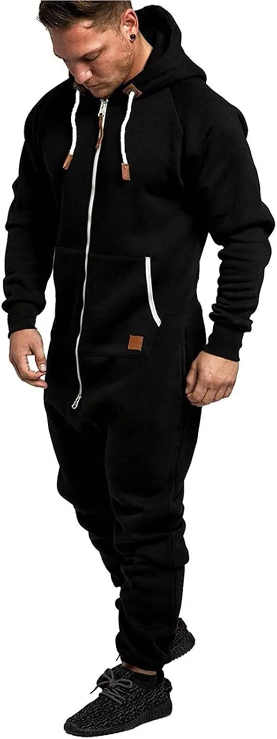 WUAI Onesie Men's Hooded Jumpsuit Zip Up One Piece Pajamas Playsuit Jogger Sweatsuit Overall Romper