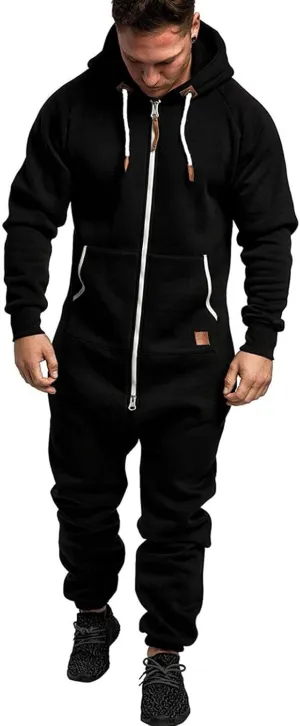 WUAI Onesie Men's Hooded Jumpsuit Zip Up One Piece Pajamas Playsuit Jogger Sweatsuit Overall Romper