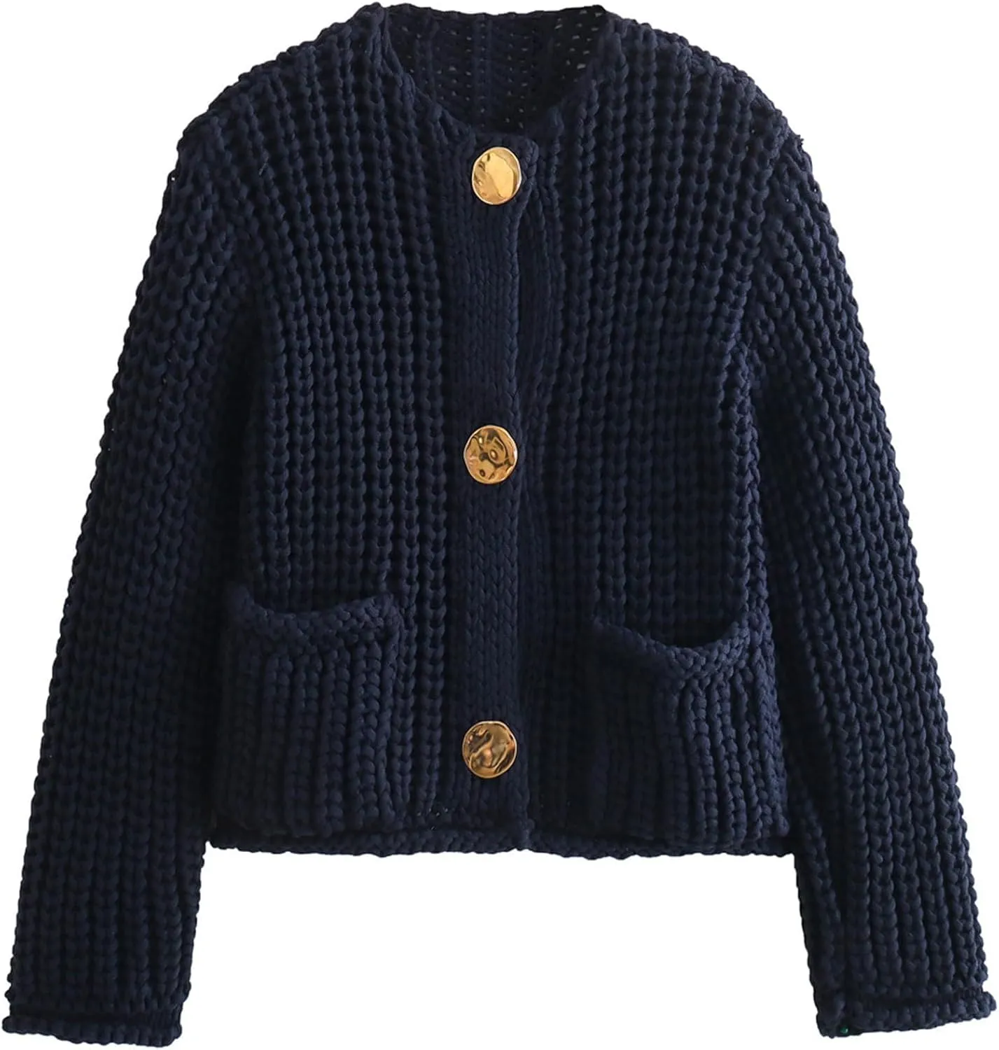 YKR Chunky Knit Cardigan Sweater for Women Long Sleeve Cropped Cardigans Button Down Sweaters with Pockets