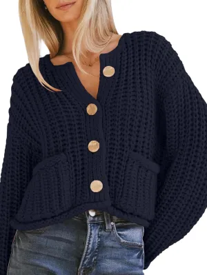 YKR Chunky Knit Cardigan Sweater for Women Long Sleeve Cropped Cardigans Button Down Sweaters with Pockets