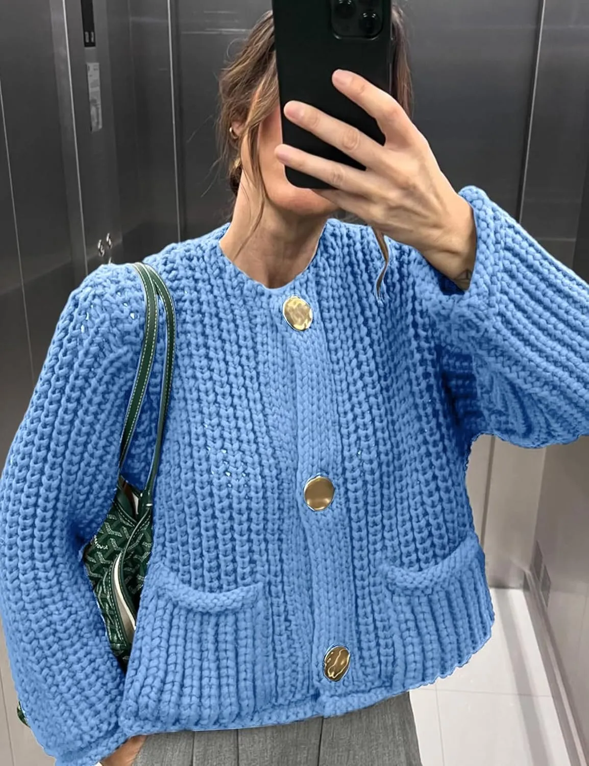 YKR Chunky Knit Cardigan Sweater for Women Long Sleeve Cropped Cardigans Button Down Sweaters with Pockets