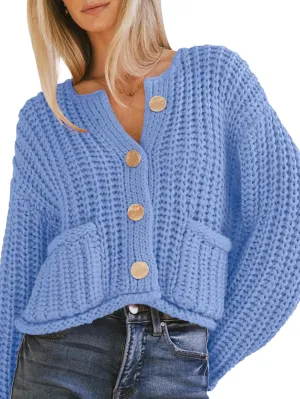 YKR Chunky Knit Cardigan Sweater for Women Long Sleeve Cropped Cardigans Button Down Sweaters with Pockets
