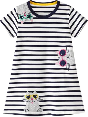 Youlebao Girls Cotton Long Sleeve Casual Cartoon Appliques Striped Jersey Dresses