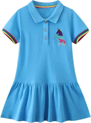 Youlebao Girls Cotton Long Sleeve Casual Cartoon Appliques Striped Jersey Dresses