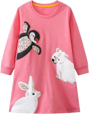 Youlebao Girls Cotton Long Sleeve Casual Cartoon Appliques Striped Jersey Dresses