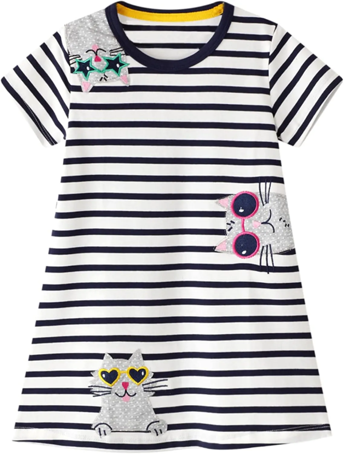 Youlebao Girls Cotton Long Sleeve Casual Cartoon Appliques Striped Jersey Dresses