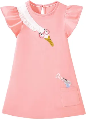 Youlebao Girls Cotton Long Sleeve Casual Cartoon Appliques Striped Jersey Dresses