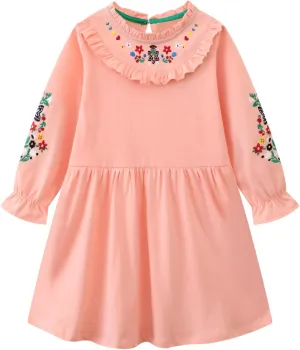 Youlebao Girls Cotton Long Sleeve Casual Cartoon Appliques Striped Jersey Dresses