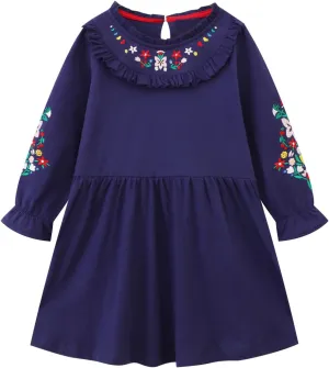 Youlebao Girls Cotton Long Sleeve Casual Cartoon Appliques Striped Jersey Dresses