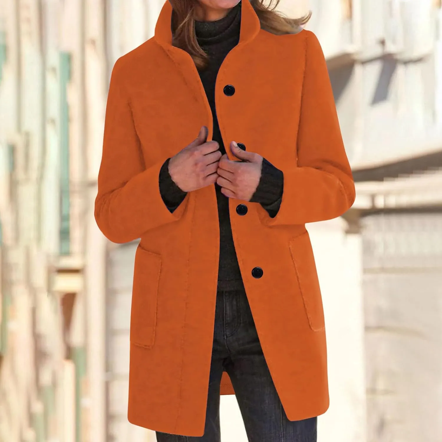YRAETENM Women's Winter Wool Blend Pea Coat Stand Collar Single Breasted Jackets Casual Trench Coat Overcoat with Pockets