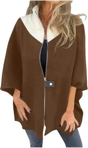 YRAETENM Womens Wool Coat Casual Color Block Stand Collar Trench Coat Fall Winter Lightweight Coatigan Zipper Wool Jackets