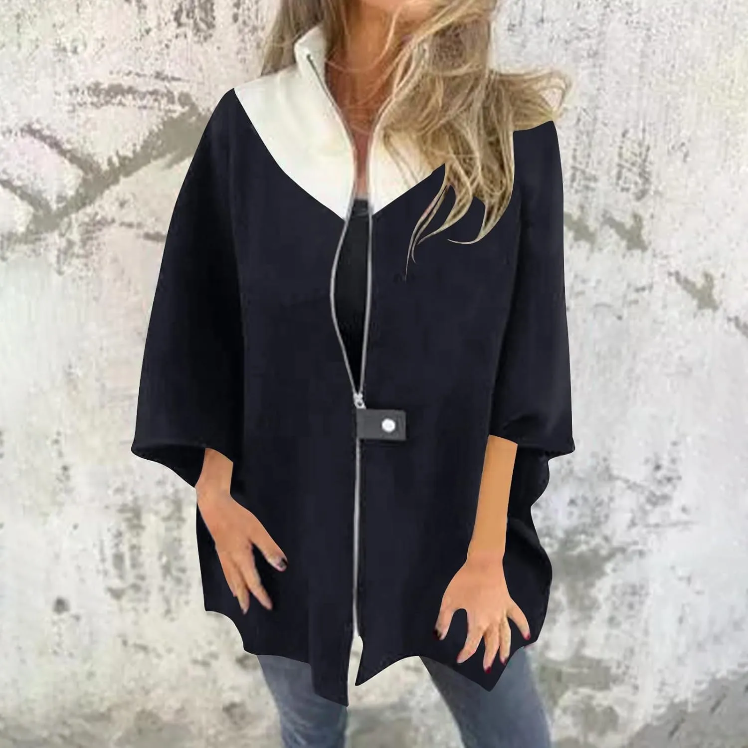 YRAETENM Womens Wool Coat Casual Color Block Stand Collar Trench Coat Fall Winter Lightweight Coatigan Zipper Wool Jackets
