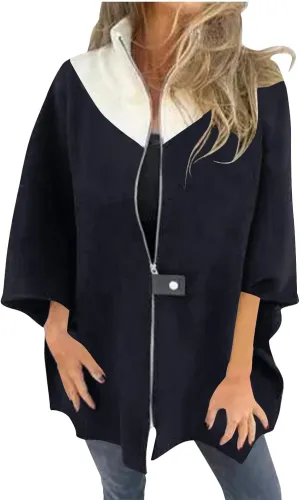 YRAETENM Womens Wool Coat Casual Color Block Stand Collar Trench Coat Fall Winter Lightweight Coatigan Zipper Wool Jackets