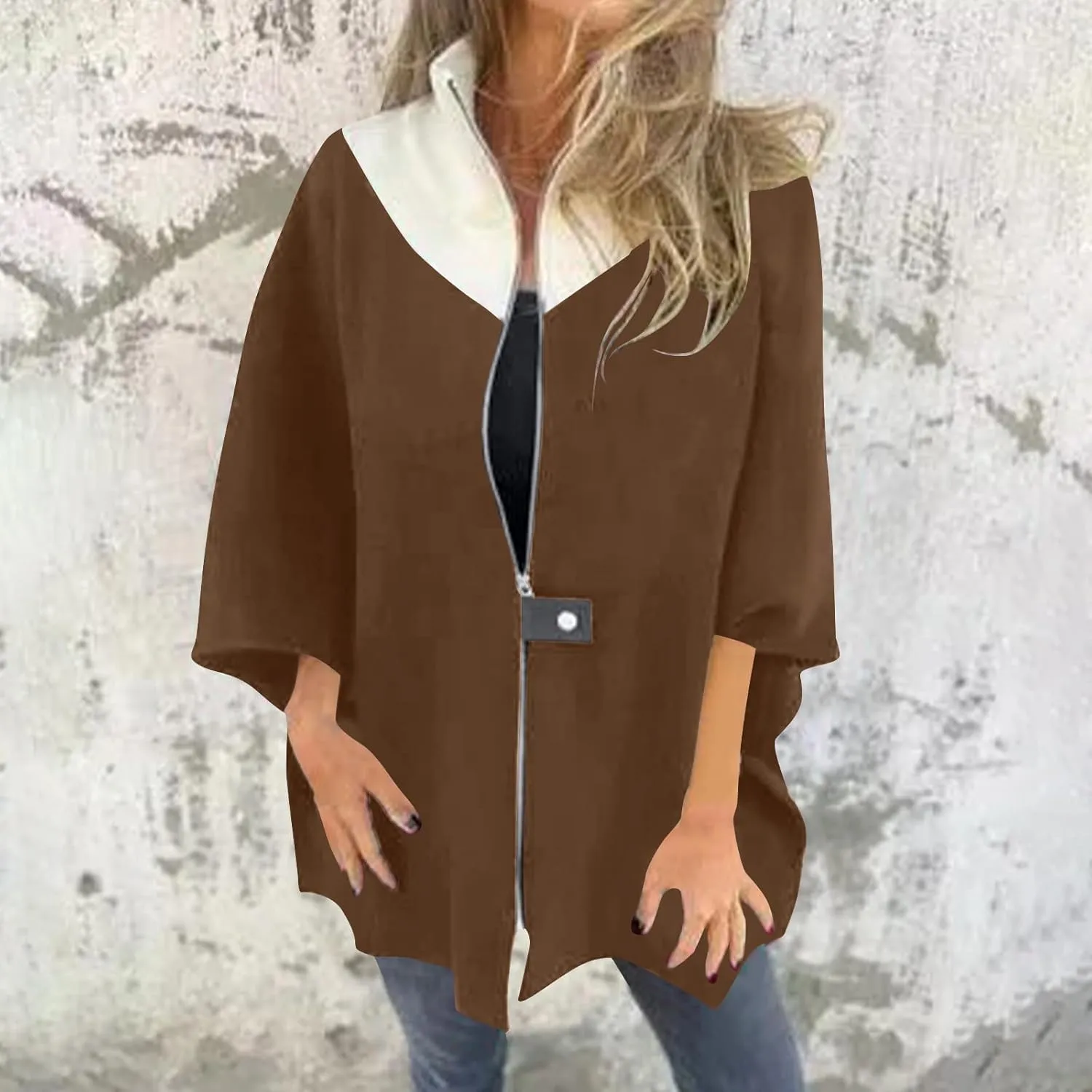 YRAETENM Womens Wool Coat Casual Color Block Stand Collar Trench Coat Fall Winter Lightweight Coatigan Zipper Wool Jackets