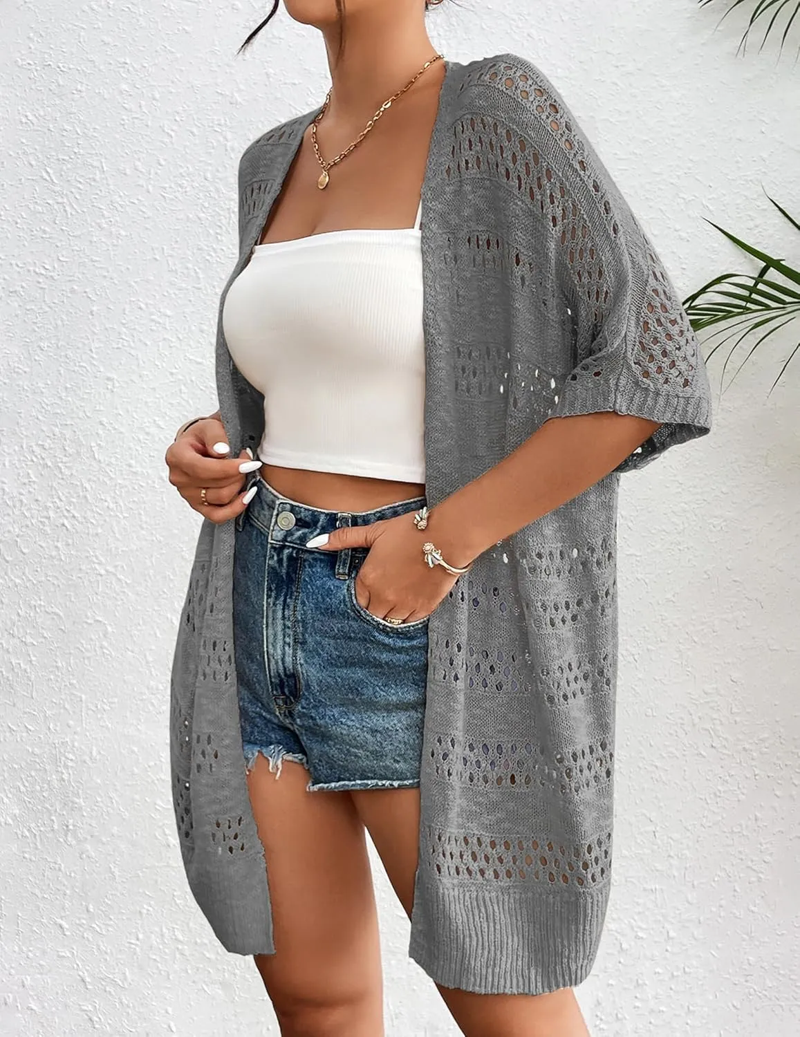 Zeagoo Lightweight Summer Crochet Cardigan for Women Short Sleeve Kimono Boho Oversized Open Front Knitted Cardigan