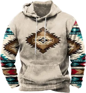 Zeiyignr Men's Western Aztec Sweatshirts, Ethnic Print Graphic Patchwork Hoodies Slim Casual Pullover Tops with Drawstring