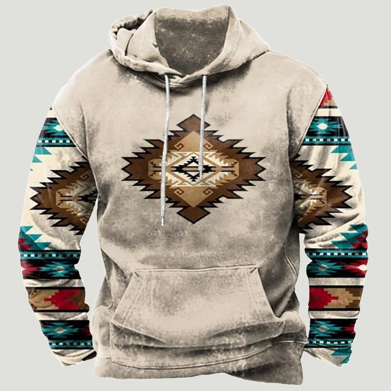 Zeiyignr Men's Western Aztec Sweatshirts, Ethnic Print Graphic Patchwork Hoodies Slim Casual Pullover Tops with Drawstring