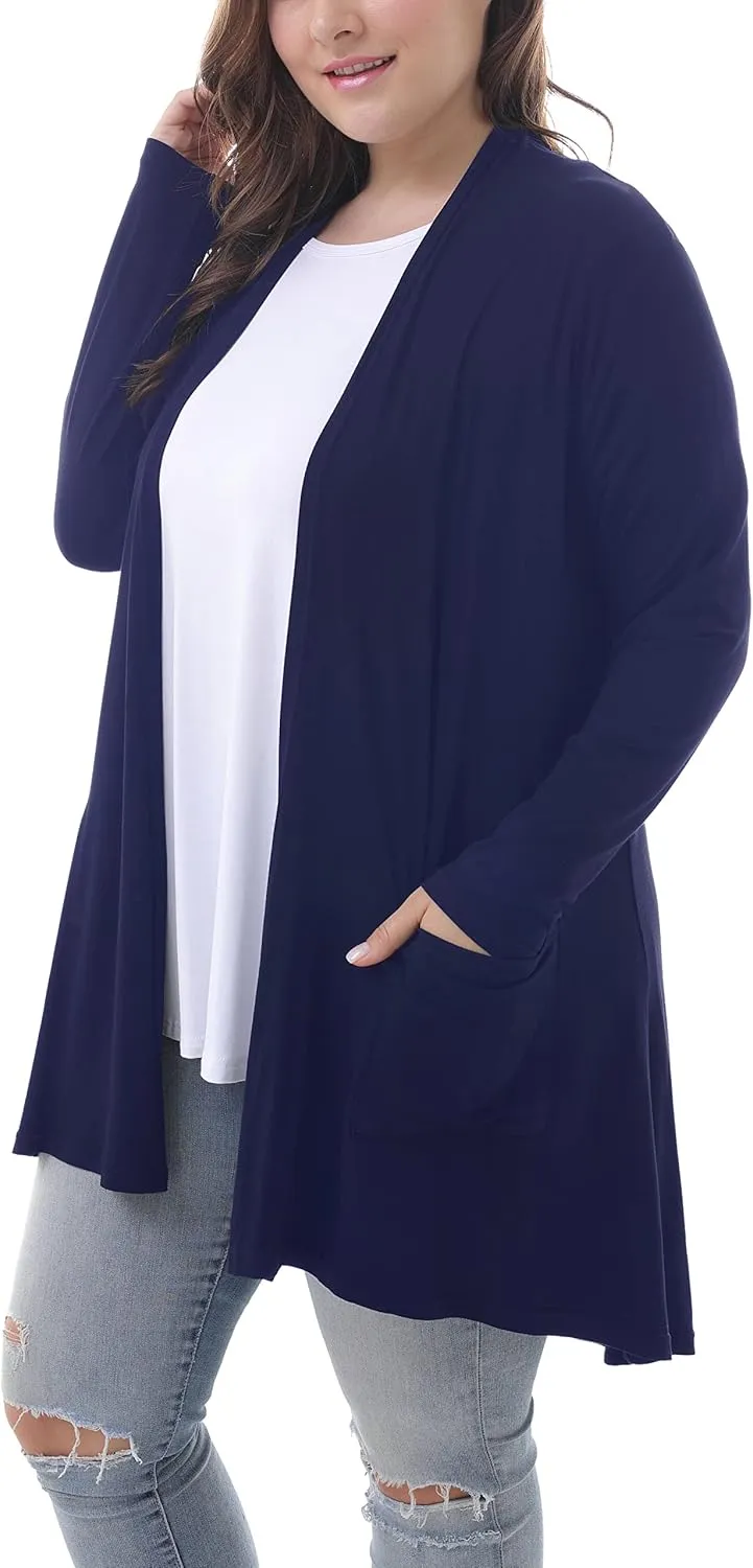 ZERDOCEAN Women's Plus Size Long Sleeve Lightweight Soft Printed Drape Cardigan with Pockets