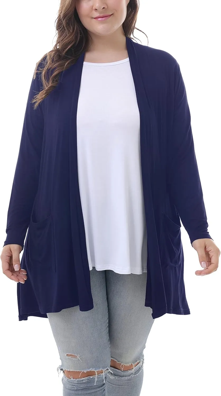 ZERDOCEAN Women's Plus Size Long Sleeve Lightweight Soft Printed Drape Cardigan with Pockets