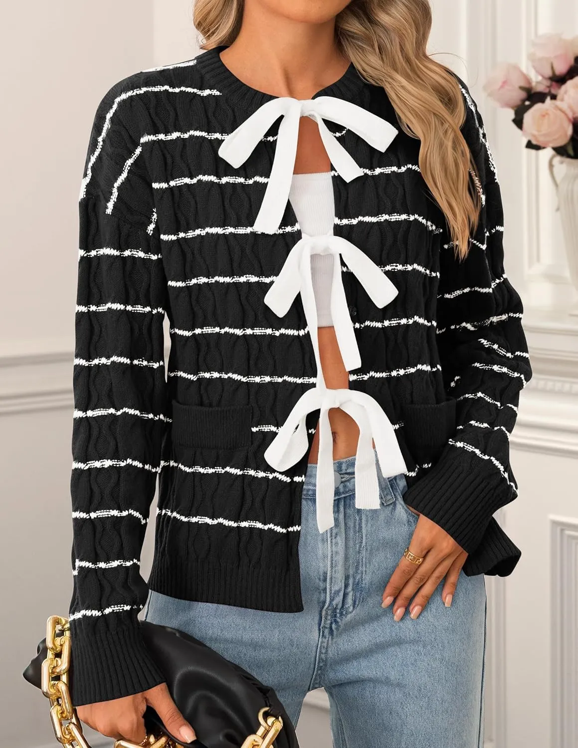 ZESICA Women's Long Sleeve Open Front Cardigan Sweater Fall Winter Striped Tie Front Loose Chunky Knit Coats
