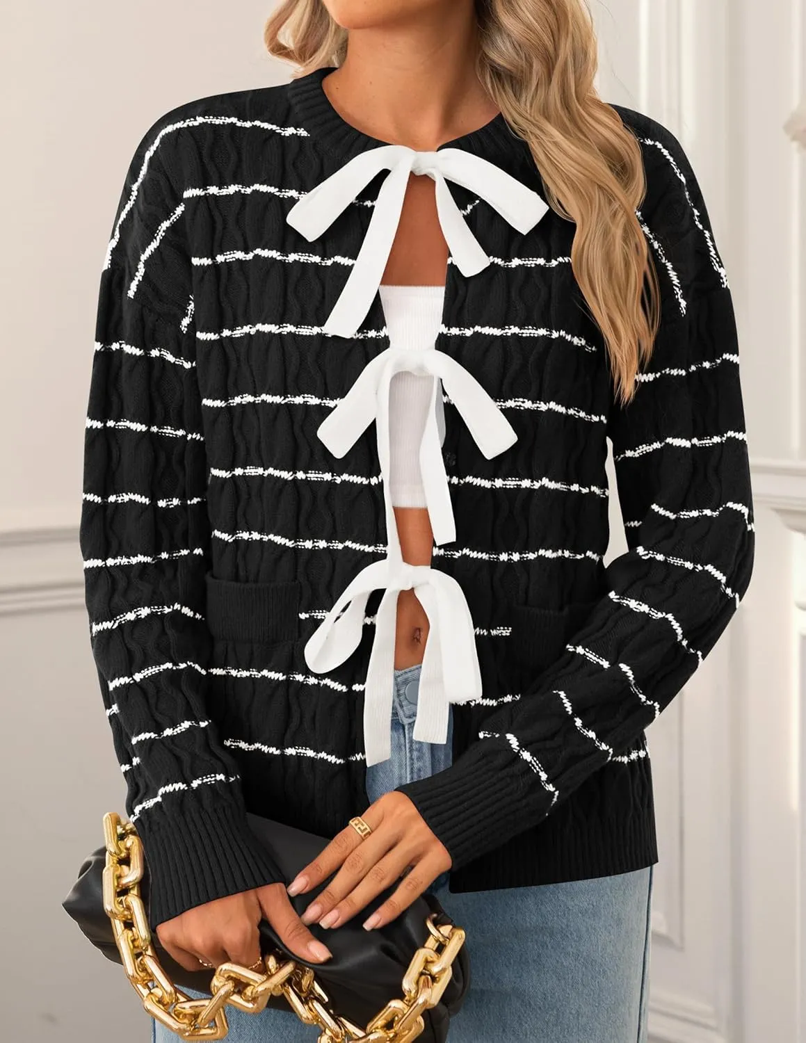 ZESICA Women's Long Sleeve Open Front Cardigan Sweater Fall Winter Striped Tie Front Loose Chunky Knit Coats