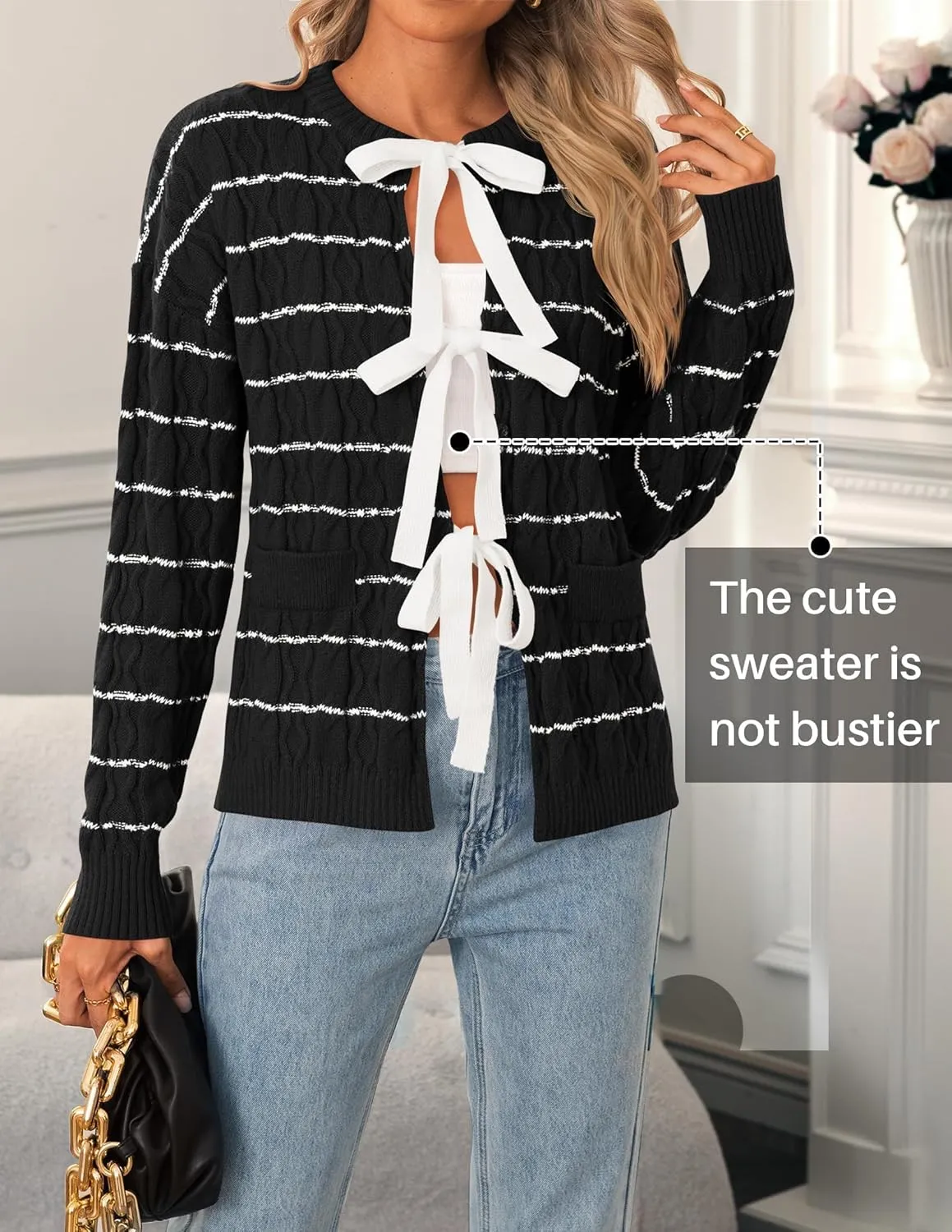 ZESICA Women's Long Sleeve Open Front Cardigan Sweater Fall Winter Striped Tie Front Loose Chunky Knit Coats