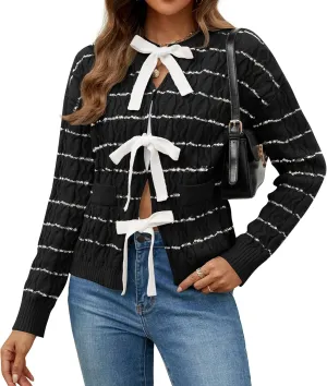 ZESICA Women's Long Sleeve Open Front Cardigan Sweater Fall Winter Striped Tie Front Loose Chunky Knit Coats