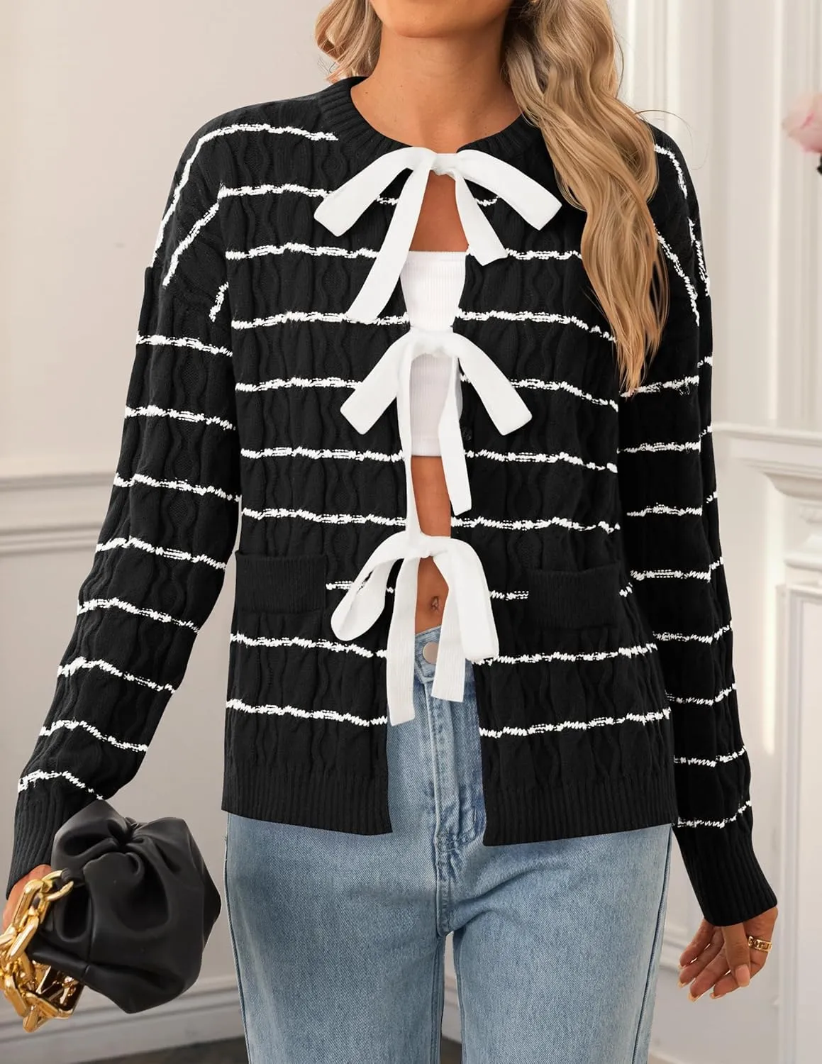 ZESICA Women's Long Sleeve Open Front Cardigan Sweater Fall Winter Striped Tie Front Loose Chunky Knit Coats