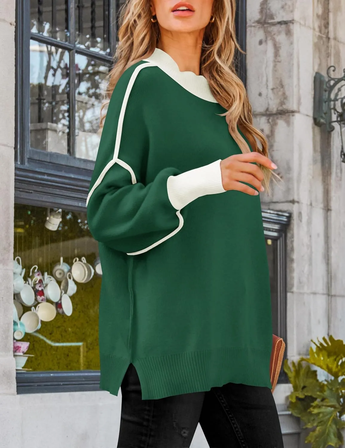 ZESICA Women's Winter Oversized Sweaters Long Sleeve Color Block Mock Neck Side Slit Comfy Loose Knitted Pullover Tops