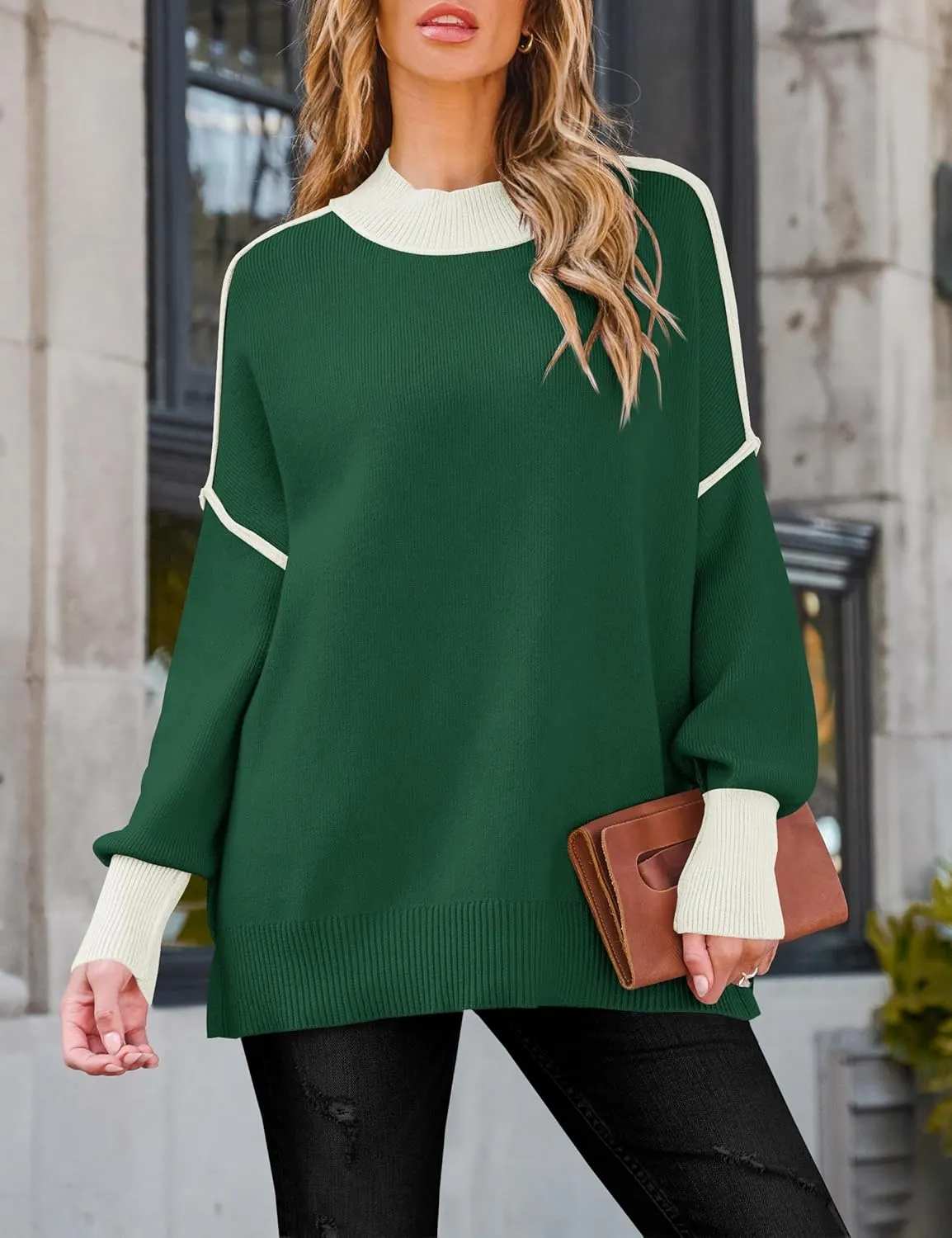 ZESICA Women's Winter Oversized Sweaters Long Sleeve Color Block Mock Neck Side Slit Comfy Loose Knitted Pullover Tops