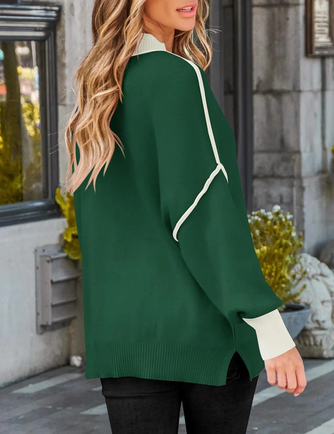 ZESICA Women's Winter Oversized Sweaters Long Sleeve Color Block Mock Neck Side Slit Comfy Loose Knitted Pullover Tops